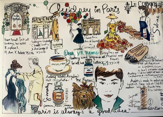 Audrey Hepburn print,  in Paris, illustrated Audrey map, personalized, mailed from Paris, Breakfast at Tiffany’s, A4