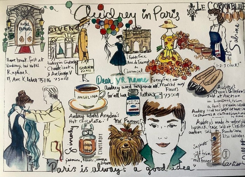 May include: A watercolor illustration of Audrey Hepburn in Paris. The illustration includes images of the Arc de Triomphe, a Givenchy store, a hotel, and a market. The text "Audrey in Paris" is written in large letters at the top of the illustration. The text "Paris is always a good idea" is written at the bottom of the illustration.
