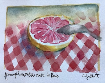 Pink pamplemousse grapefruit, petit dejeuner , original watercolor, Size:6” x 8”, Shipped with tracking from Paris