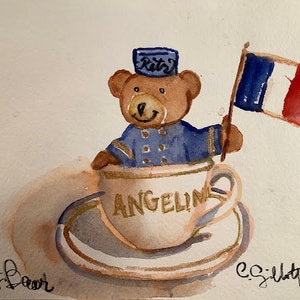 French hotel bear in a teacup, Original watercolor, Size: 6 x 8, shipped from Paris with tracking, image 1