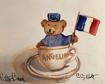 French hotel bear in a teacup, Original watercolor, Size: 6” x 8”, shipped from Paris with tracking,