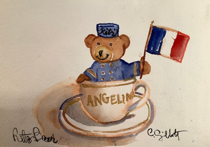 French hotel bear in a teacup, Original watercolor, Size: 6 x 8, shipped from Paris with tracking, image 1