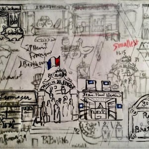May include: A black and white ink sketch of a French street market scene featuring various storefronts, a small French flag, and handwritten text including "March&eacute; des Enfants," "Rue de Bretagne," and "3e Arr." The drawing depicts shops, people, and food items.
