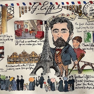 Impresión de la torre Eiffel, Gustave Eiffel, mapa de París, Tour Eiffel, letra única, recuerdos de París, regalo divertido de París, tamaño: A4, enviado por correo desde Paria