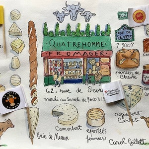 Cartas desde París, queso de París, impresión de letras de queso, carta ilustrada de París, doblada en un sobre, tamaño: 8-1/4 x 11-3/4” (JUNIO)