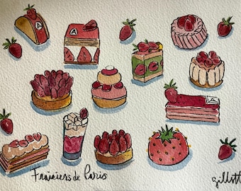 Paris Strawberry Pastries, Original watercolor, Size: 6” x 8”, shipped from Paris.