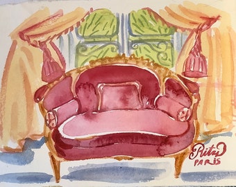 Burgundy velvet Empire sofa at a Palace hotel, Original watercolor, Size:6” x 8”, shipped with tracking