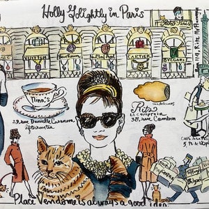 Lámina de Audrey Hepburn, Holly Golightly, Desayuno con diamantes, mapa de París ilustrado, Place Vendôme, carta de regalo (agosto)