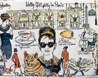 Audrey Hepburn fashion Paris Map, Print, Holly Golightly Illustrated Letter, Place Vendôme