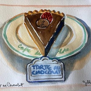 Chocolaté tarté in einem Pariser Café, Original Aquarell, Grösse: 6 ”x 8”, Versand mit Sendungsverfolgung