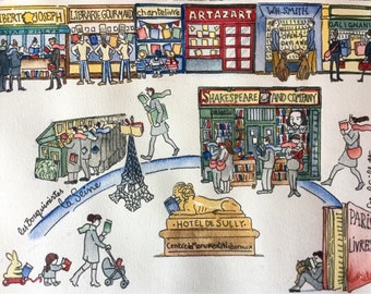 Paris bookshop print map, a single letter, Size:A4 Mailed folded from Paris, A fun gift for booklovers or Francophiles