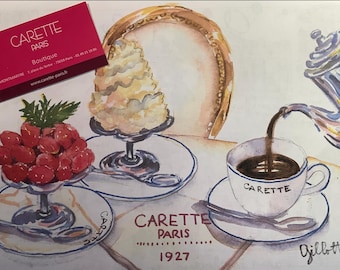 Hot Chocolate at Carette Salon de Thé in Paris, illustrated letter, watercolor print, size:A4, mailed from Paris (FEB)
