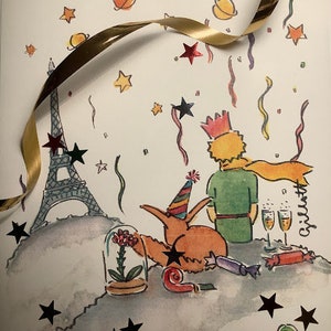 Reciba cartas de París, impresión de la Torre Eiffel del Principito, carta ilustrada de vacaciones en París, doblada en un sobre, personalización posible