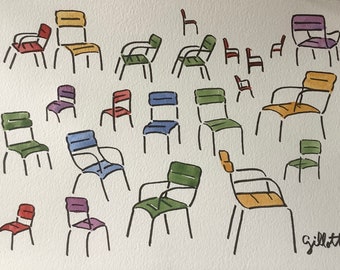 Large-size Luxembourg chairs study, Paris gift, Original watercolor, Size: 9” x 11 3/4” Shipped with tracking from Paris