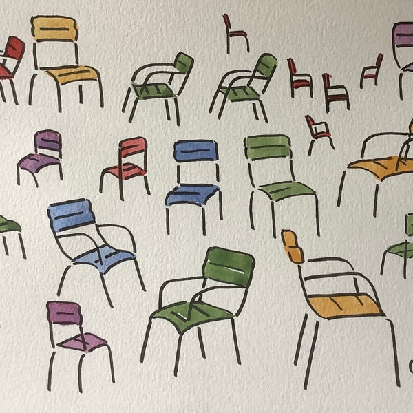 Bureau de chaises luxembourgeoises de grande taille, cadeau Paris, aquarelle originale, taille : 9 po. x 11 3/4 po. Expédié avec suivi depuis Paris