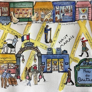 May include: A watercolor map illustration of the Haut Marais neighborhood in Paris, featuring yellow streets, storefronts like Fromagerie Jouannault, the March&eacute; des Enfants Rouges, and a green Rue de Bretagne street sign with people walking.