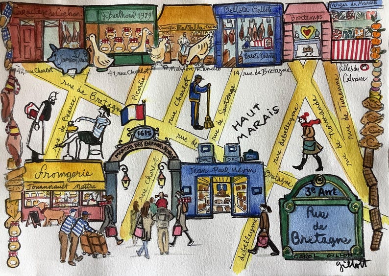May include: A watercolor map illustration of the Haut Marais neighborhood in Paris, featuring yellow streets, storefronts like Fromagerie Jouannault, the March&eacute; des Enfants Rouges, and a green Rue de Bretagne street sign with people walking.