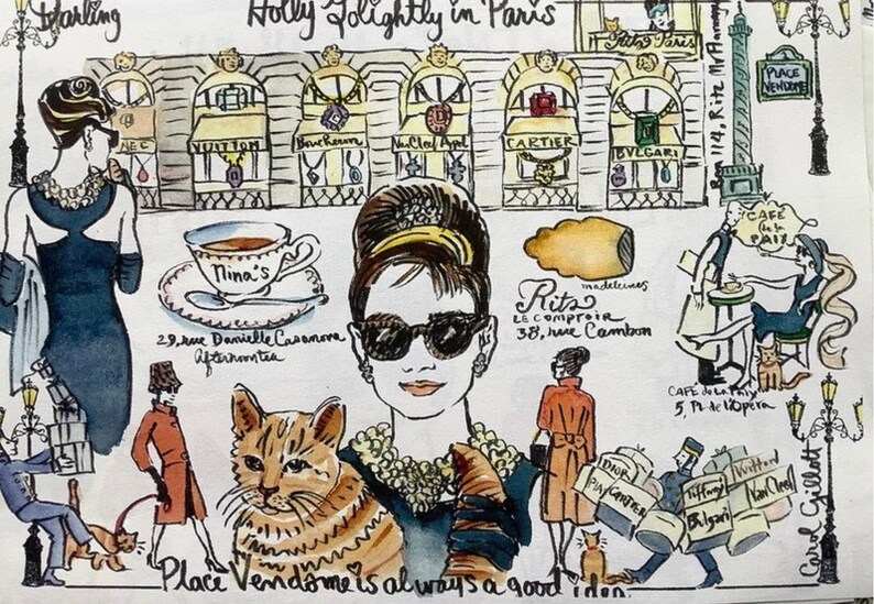 May include: A watercolor illustration of a woman with sunglasses and a cat, surrounded by Parisian landmarks and shops. The text "Place Vend&ocirc;me is always a good idea" is written at the bottom of the image.