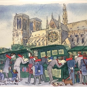 Bouquinistes de Notre Dame, París, una sola carta, golosinas de París Tamaño: A4, Enviado plegado desde París, Un regalo divertido para amantes de los libros (ENE)