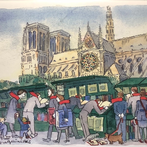Notre Dame Paris bouquinistes, a single letter, Paris goodies Size:A4, Mailed folded from Paris, A fun gift for book lovers