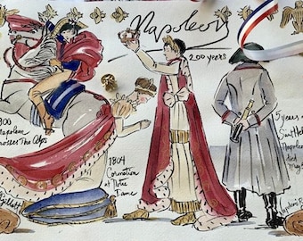 PARIS LETTERS: Napoleon Bonaparte one print illustrated Letter, Folded and Posted from France, Size A4 Gift for a francophile (JUNE)