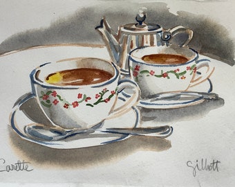 Tea time at Cafe Carette, Place des Voges, a Paris gift, Original watercolor Size: 6” x 8” shipped from Paris with tracking