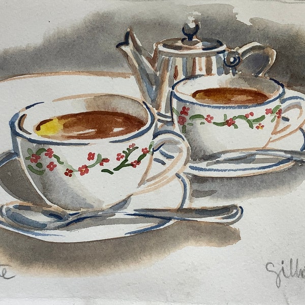 L'heure du thé au café Carette, Place des Voges, un cadeau à Paris, aquarelle originale Taille : 6 x 20 cm expédié de Paris avec suivi