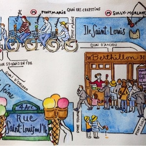 PARIS LETTERS: Ile Saint-Louis Ice Cream Map Carta única + obsequios Tamaño A4 enviado desde Francia a través de la Poste, carta doblada Un regalo ingenioso