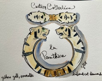 French Panther Cartier style bracelet, panther watercolor painting, Original watercolor, Size: 6” x 8”, shipped from Paris with tracking,