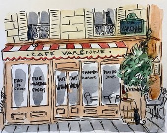 Façade de Paris, Café classique Aquarelle originale Taille : 6 x 20 cm Expédition de Paris avec suivi