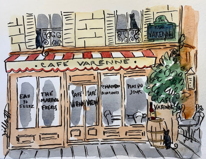 Paris Facade, Classic Café Original watercolor Size: 6 x 8 shipped from Paris with tracking image 1