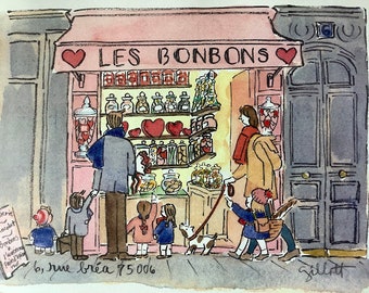 Paris candy shop, confiserie, watercolor print letter, Paris goodies Size:A4 Mailed folded, from Paris, A fun gift for Paris book lovers