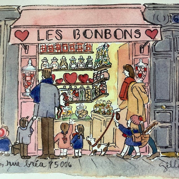 Paris candy shop, confiserie, watercolor print letter, Paris goodies Size:A4 Mailed folded, from Paris, A fun gift for Paris book lovers