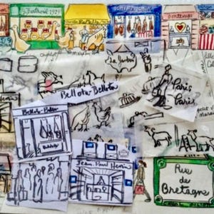 May include: A collage of hand-drawn sketches and ink illustrations depicting Parisian storefronts, animals, and street scenes. The artwork features text including Bellota-Bellota, Paris, and Rue de Bretagne, rendered in black ink with watercolor accents.