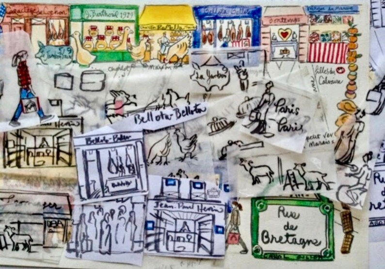 May include: A collage of hand-drawn sketches and ink illustrations depicting Parisian storefronts, animals, and street scenes. The artwork features text including Bellota-Bellota, Paris, and Rue de Bretagne, rendered in black ink with watercolor accents.