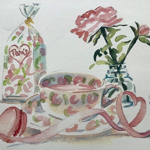 Taza de té con rosa de París, impresión en acuarela, carta ilustrada de París, doblada en un sobre, Tamaño: A4 8-1/4 x 11-3/4” enviada por correo desde París
