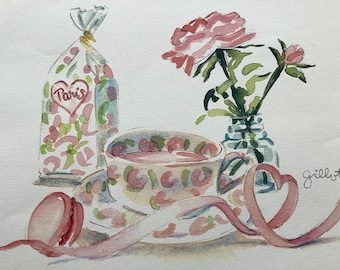 Paris rose teacup, watercolor print, illustrated Paris letter, folded in an envelope, Size: A4 8-1/4 x 11-3/4” mailed from Paris