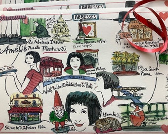 Amélie map of Paris, printed watercolor illustrated LETTER FOLDED in an envelope, mailed from Paris