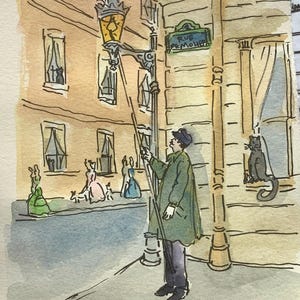 Paris lamp-lighter from 1905 photo, Original watercolor, Size: 6” x 8”, shipped from Paris with tracking,