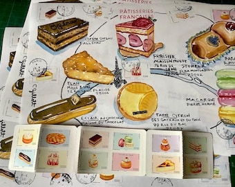Paris Pastry stamps letter, A single illustrated FOLDED letter, mailed in an envelope, Size:A4 LETTER 8-1/4 x 11-3/4”, sent from Paris (FEB)