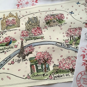 Lettre de Paris : carte imprimée fleurs de cerisier, lettre simple, format A4, envoyée de France via la Poste, pliée, cadeau amusant, pour la fête des mères (avril)