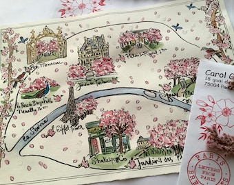 Paris Letter: cherry blossoms print map, single letter, Size A4, Sent from France via la Poste, folded, fun gift, for mother’s day (April)