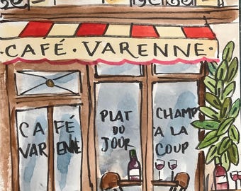 Cafe Varenne, Paris Cafe, watercolor, Original artwork, Size: 6” x 9”, shipped from Paris