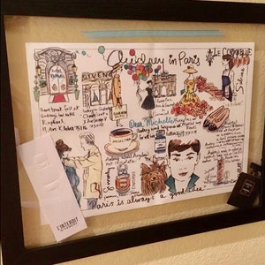 May include: A hand-drawn illustration of Audrey Hepburn in Paris, featuring iconic landmarks, fashion, and food. The illustration includes the Eiffel Tower, Givenchy, Angelina, and the Hotel Raphael. The text reads "Audrey in Paris" and "Paris is always a good idea."