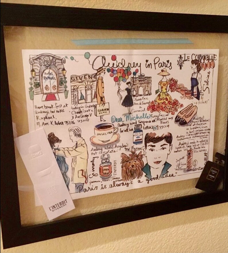 May include: A hand-drawn illustration of Audrey Hepburn in Paris, featuring iconic landmarks, fashion, and food. The illustration includes the Eiffel Tower, Givenchy, Angelina, and the Hotel Raphael. The text reads "Audrey in Paris" and "Paris is always a good idea."
