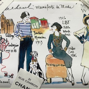 CARTAS DE PARÍS: Ilustración de moda de un diseñador parisino enviada en un sobre desde París con tarjetas de perfumes parisinos (NOV)