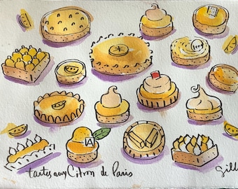 Paris tarte aux citrons, original watercolor, Size:6” x 8”, Shipped from Paris
