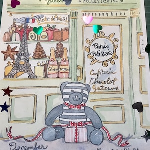 Carta de pastelería navideña de París. Una sola carta ilustrada de París, doblada en un sobre. Tamaño: A4 8-1/4 x 11-3/4” enviada desde París en diciembre.