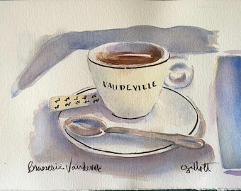 Brasserie VAUDEVILLE, Demi-Tass cup, original watercolor, Size 6 inches x 8 inches, shipped from Paris