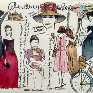 May include: A watercolor illustration of Audrey Hepburn in Paris. The illustration features several scenes of Audrey in different outfits, including a pink dress, a black dress, and a blue and white gingham dress. The illustration also includes text that says "Dance like no one is watching", "Funny Face", "I believe in pink", "Never regret anything that made you smile", "Love in the Afternoon", "Forgive quickly, Kiss slowly, Love truly, Laugh uncontrollably", "LBD by Givenchy", "Happy girls are the prettiest", and "Audrey".